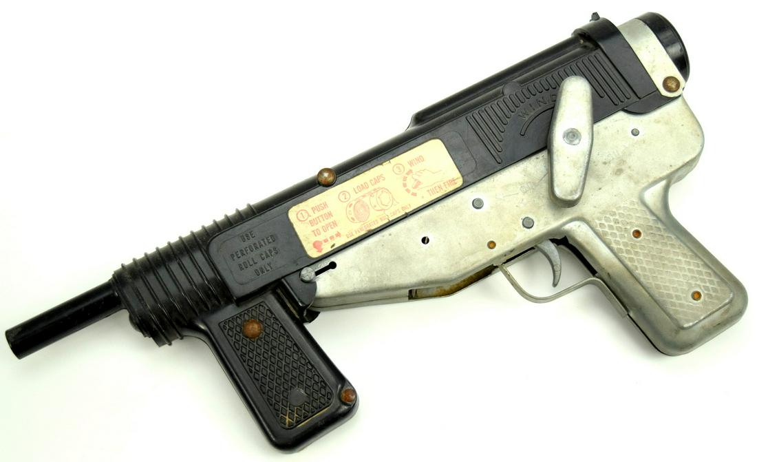 VINTAGE MATTEL BURP GUN AUTOMATIC CAP GUN c.1950/60: Circa 1950/60s vintage Mattel (Los Angelos) toy burp wind up gun. In working condition. A few blemishes cosmetically. All original. 13 1/8"~~ DEAR BIDDERS, Please View More Detailed Close-Up Images by