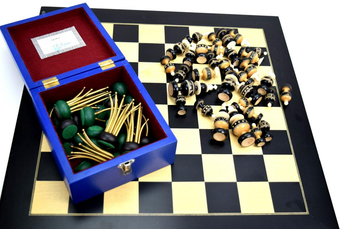 Two Vintage Mid Century Chess Sets.: Two vintage chess sets. One is " Spike" hand made and design by Gert Jan Slottboom with board and another is vintage wood/bone pieces set. All in very good original condition.~~ DEAR BIDDERS, Please V