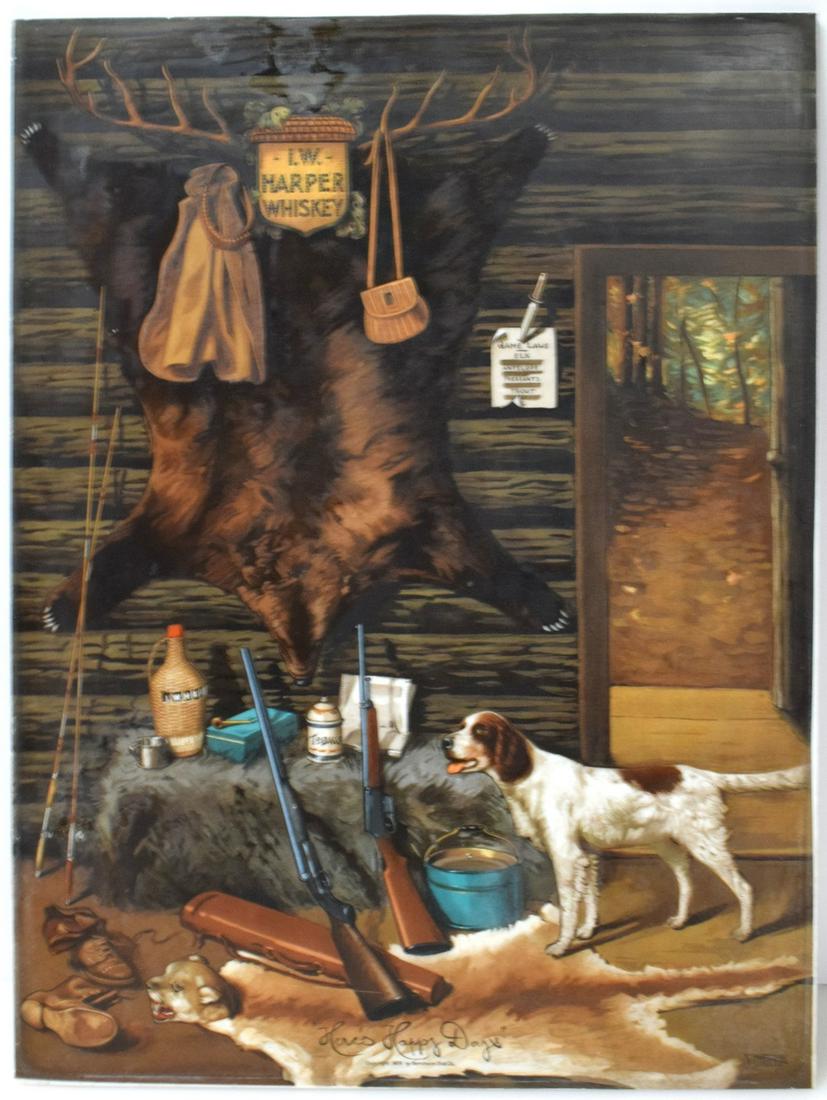 Rare Antique I.W. Harper Whiskey Vetrolite Advertising: Heres Happy Days 24" x 18" Copyright 1909 by Beinheim Dist. Co. Well preserved sign featuring cabin hunting scene. This piece is in excellent condition with no visual marks or chips to sight. Great fo