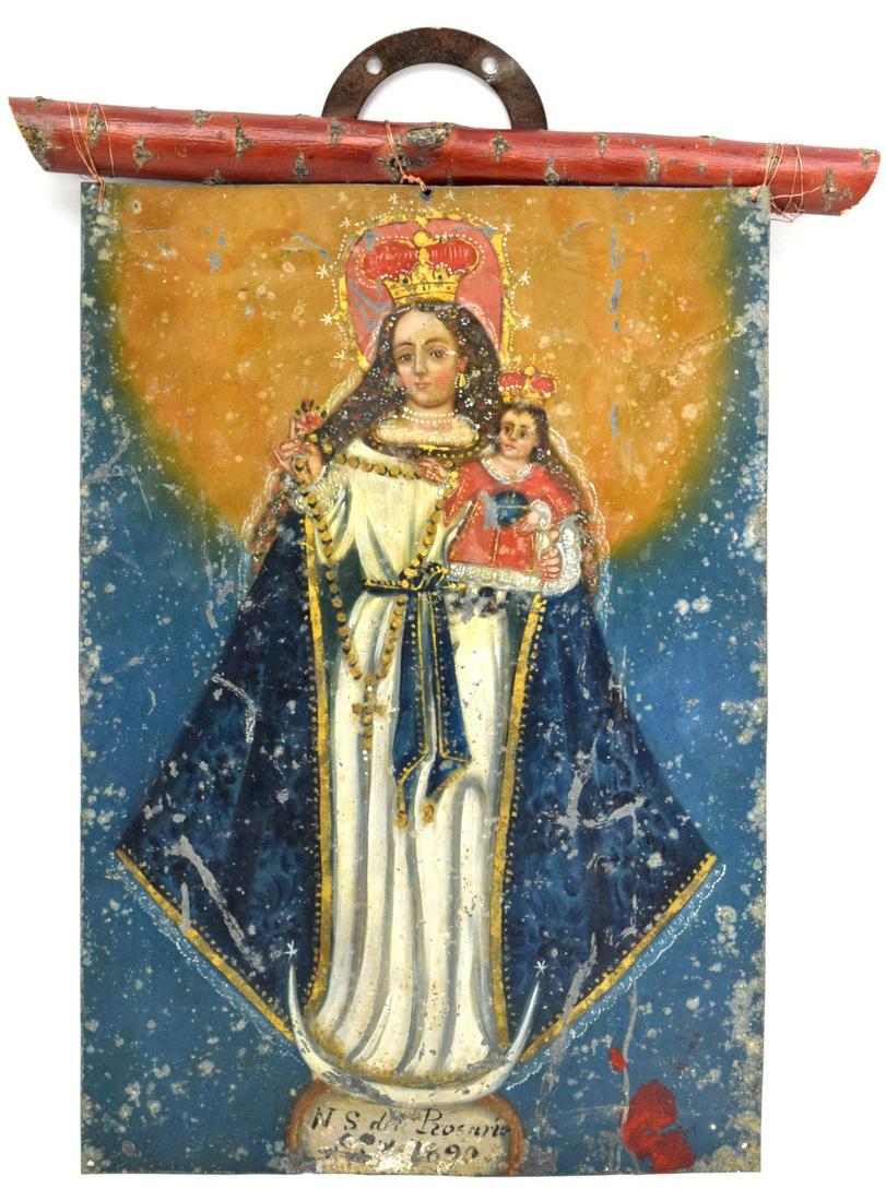 Antique 1890 Our Lady Refuge of Sinners Mexican Tin Retablo: Antique 1800s Our Lady Refuge of Sinners Mexican tin retablo. Dated 1890. Very good original condition. Some small spots of missing paint according to the age usage. 13 1/4" x 9 1/4".~~ DEAR BIDDERS, 