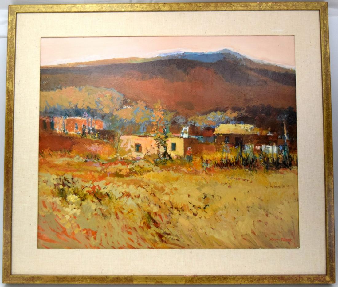 Dane Clark ( b.1934) Taos Landscape Oil Painting: Very fine oil landscape painting by listed artist Dane Clark ( b.1934)Dane Clark is active/lives in Hawaii. Dane Clark is known for abstract, pointillist landscape painting. Very good original conditi
