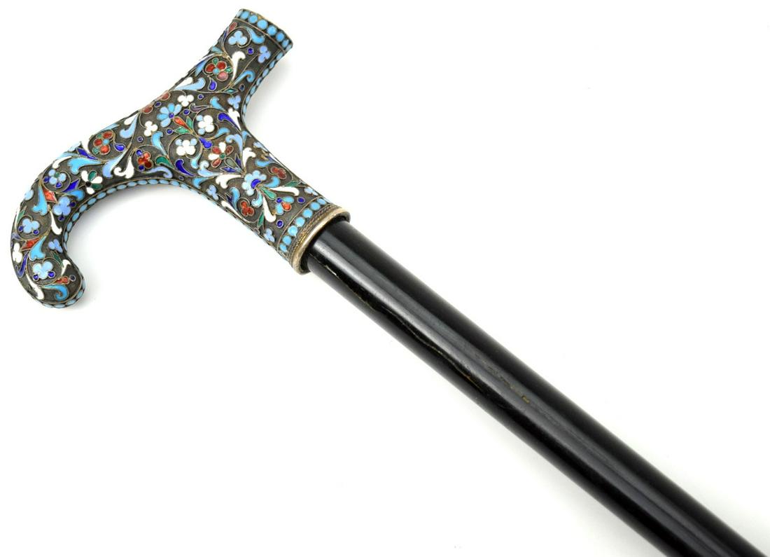 Exclusive Imperial Russian 84 Silver Multi-Color Enamel Walking Cane: Very fine antique Imperial Russian 19th Century 84 silver with multi color enamel handle walking cane. Handle hallmarked with Imperial Russian silver marks. Great original condition , no damage. 37 1/