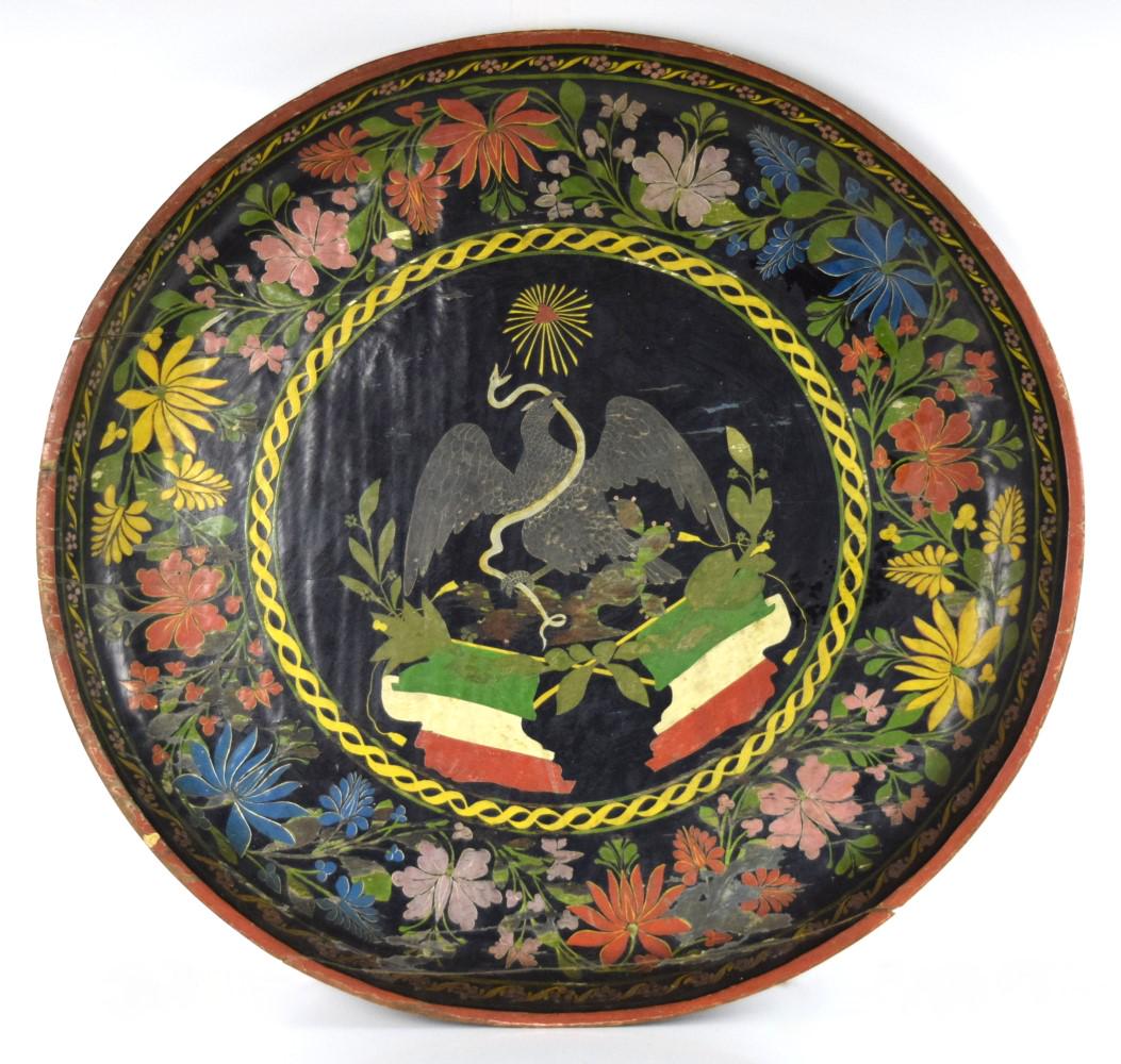 Rare Antique Mexican Huge 33 7/8 inches Folk Art Wood Plate: Very rare , extra large antique Mexican folk art hand painted wood plate / tray depicting Mexico National Eagle holding the snake on the top of two cross flags. Borders decorated with different flower