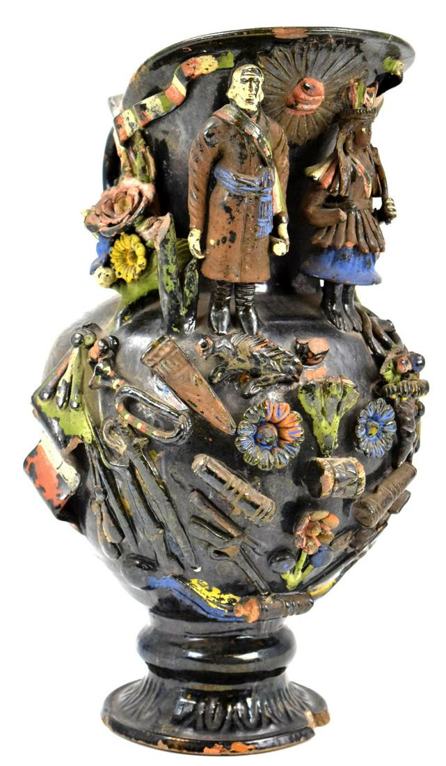 Rare Antique Mexican Folk Art Pulque Patriotic Figural Pitcher: Very rare antique hand painted Mexican patriotic design folk art Pulque figural pitcher. Pitcher highly decorated with Mexico patriotic items. Good original condition. Some missing tiny pieces. Very h