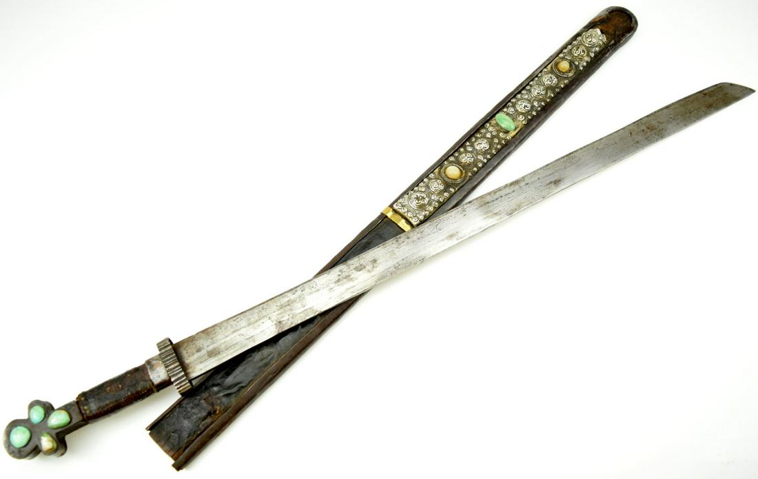 Antique Chinese or Tibetan Straight Sword with Silver and Jewels decorations: Antique Chinese or Tibetan Straight Sword. Scabbard and hilt nicely decorated with Silver and Jewels stones. Total length (inside scabbard if present) : 30 1/2", Blade length : 24 3/8". ~~ DEAR BIDDER