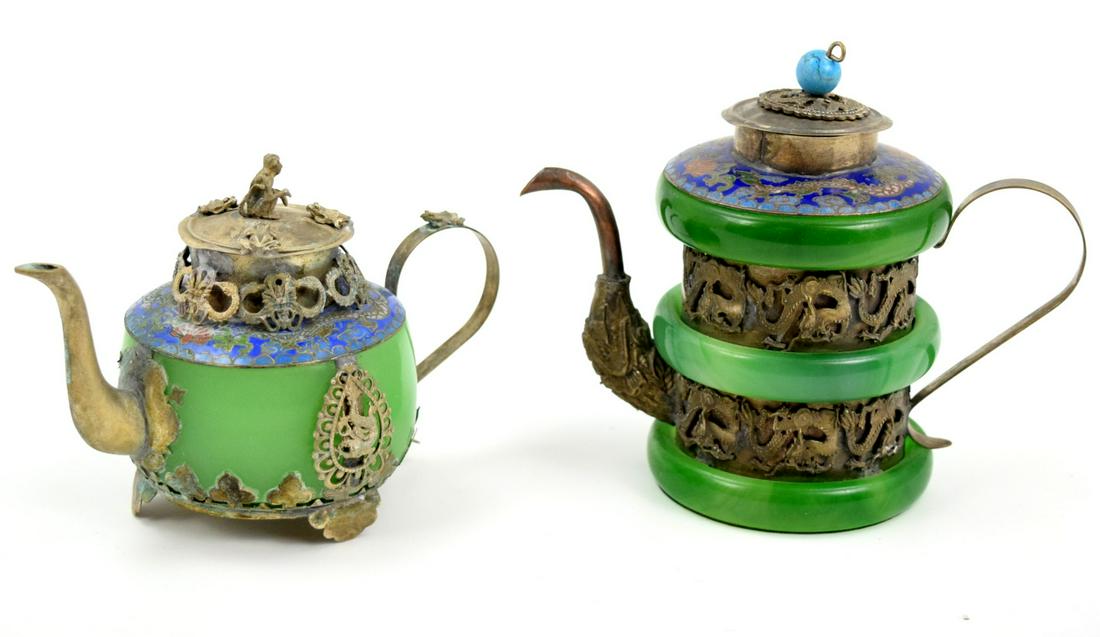 Pair Vintage Chinese Silver Jade Enamel Teapots (1 of 4)