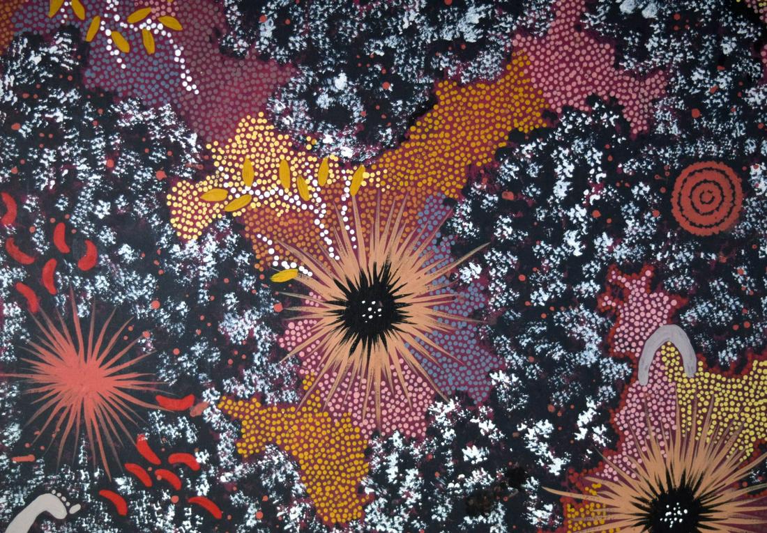 Gabriella Possum Nungurrayi ( b.1967 ) Oil On Canvas Painting: Original abstract oil on canvas painting by listed Australian artist Gabriella Possum Nungurrai. Gabriella was born in 1967 at Mt Allan, Northern Territory. She is the eldest daughter of Clifford Poss