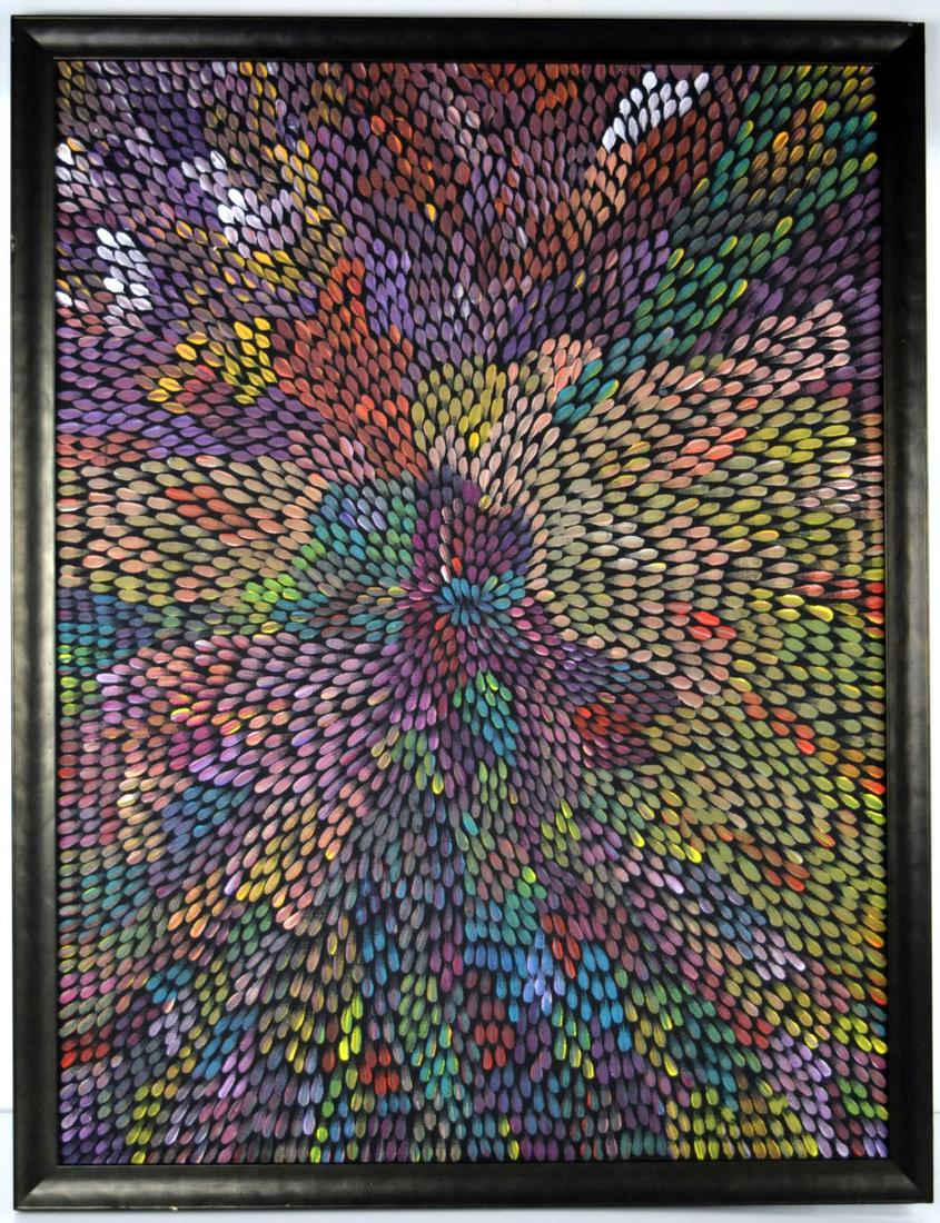 Gabriella Possum Nungurrayi ( b.1967 ) Oil On Canvas Painting: Original abstract oil on canvas painting by listed Australian artist Gabriella Possum Nungurrai. Gabriella was born in 1967 at Mt Allan, Northern Territory. She is the eldest daughter of Clifford Poss