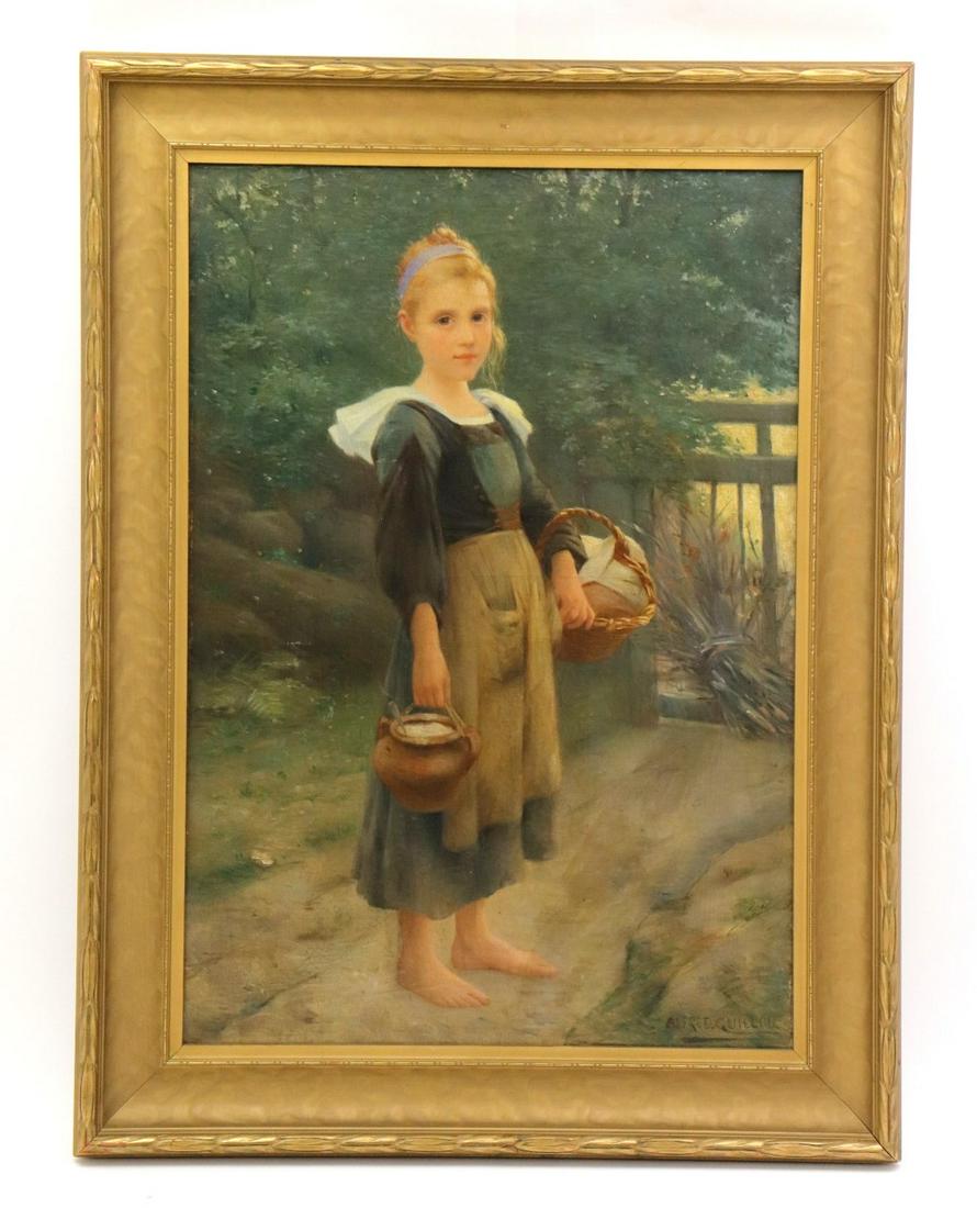 French Alfred Guillou ( 1844-1926 ) Oil Painting: Very fine original oil on canvas painting by well listed French artist Alfred Guillou ( 1844-1926). Alfred Guillou was born in Concarneau as a son of a harbor pilot. In 1862 he began his artistic trai