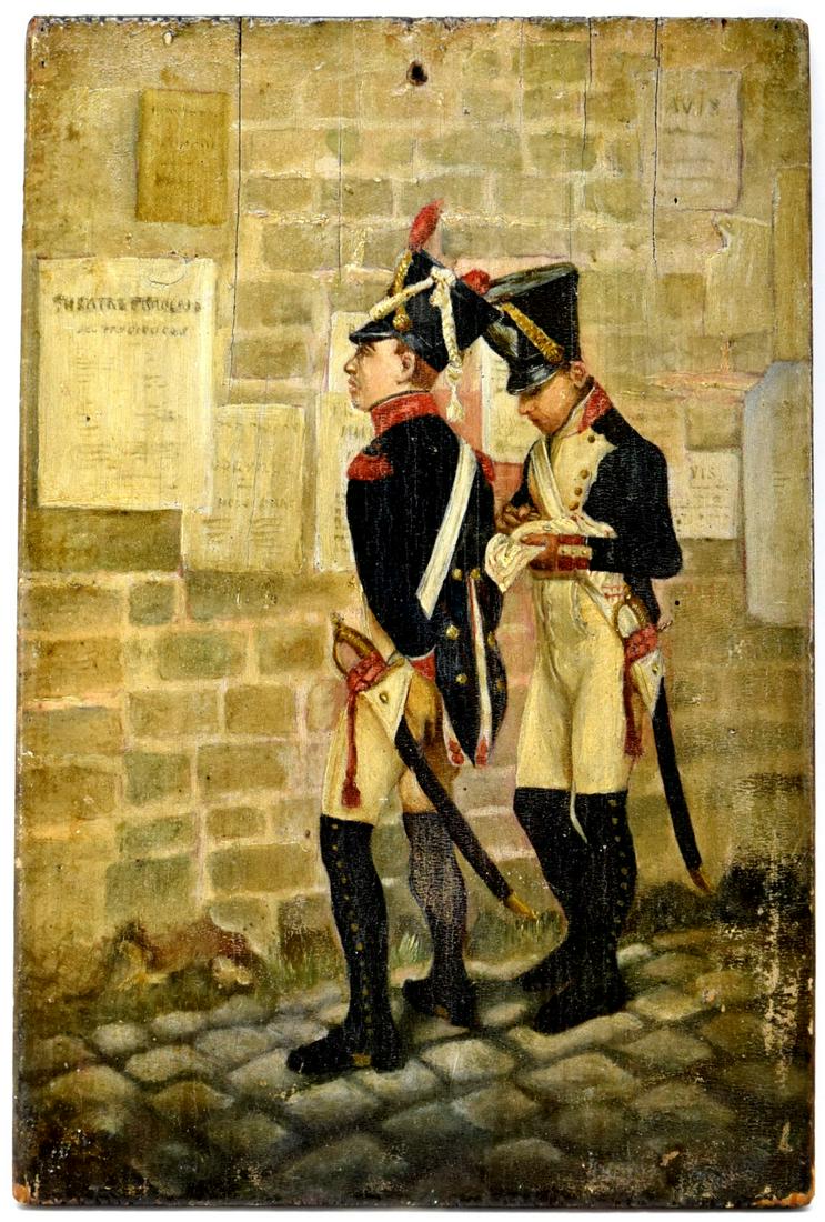 Two Napoleonic Soldiers Antique Painting On Wood Board (1 of 5)