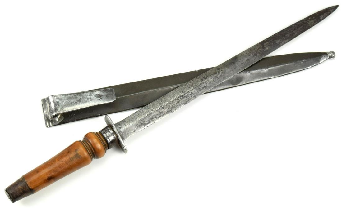 American Revolution Era Large Plug Bayonet Knife: American Revolution Era Large Plug Bayonet Knife or Side Arm with Metal Scabbard. Total length (inside scabbard if present) : 15 5/8", Blade length : 10 1/4". ~~ DEAR BIDDERS, Please View More Detaile