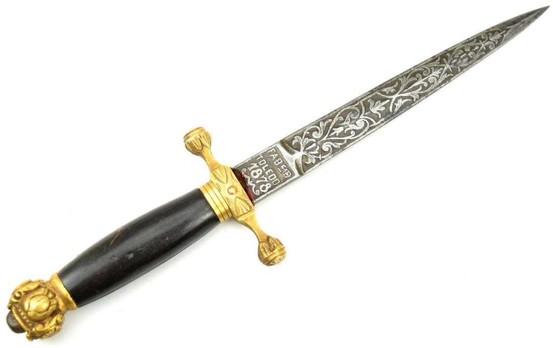 Fine 19th Century Spanish Dagger: Fine 19th Century Spanish Nobleman Dagger. Blade dated 1878. Total length (inside scabbard if present) : 11", Blade length : 6 1/2". ~~ DEAR BIDDERS, Please View More Detailed Close-Up Images by visit