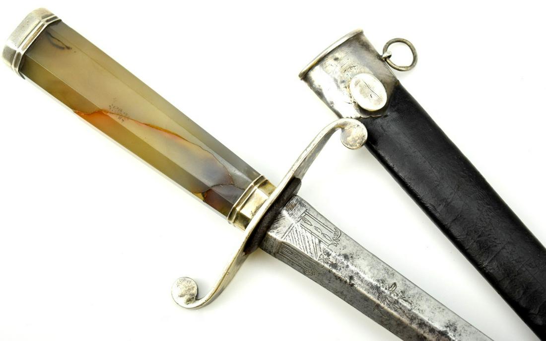 FINE 18TH C. AMERICAN REVOLUTION ERA FRENCH OR ENGLISH SILVER & AGATE HILTED CUTTOE HUNTING DAGGER (1 of 17)