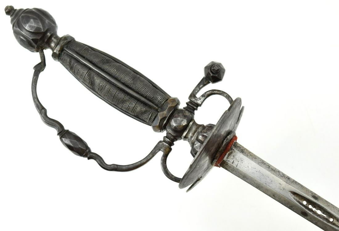 FINE QUALITY 17TH C. HIGHLY DECORATED RAPIER SWORD- PIERCED BLADE: FINE QUALITY 17TH C. HIGHLY DECORATED RAPIER. Beautiful Chiseled & Pierced Hilt. Pierced Blade with Gild inlaying. Total length (inside scabbard if present) : 36 3/4", Blade length :29 7/8". ~~ DEAR B