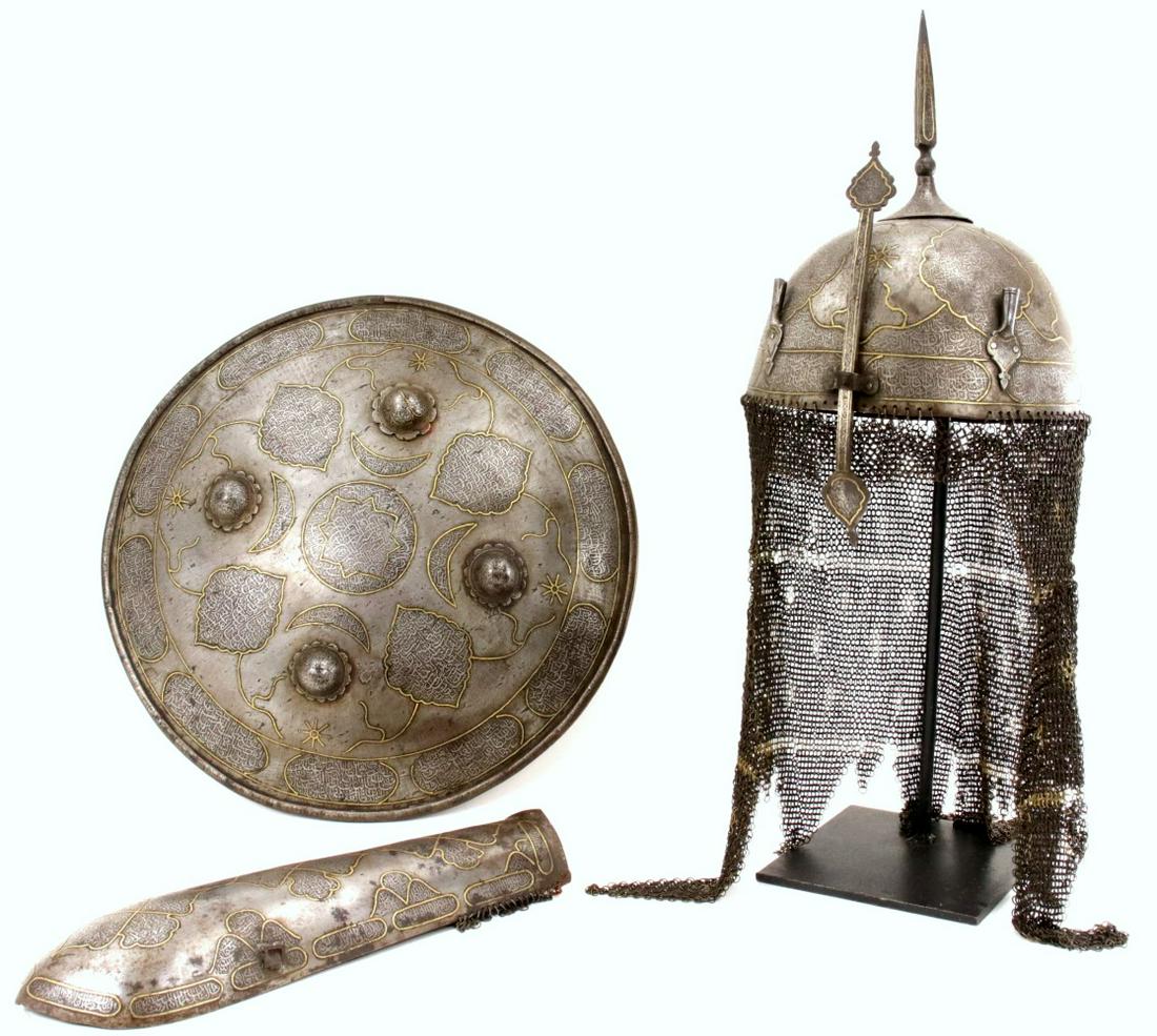 Very Fine 19th C. Persian Qajar Warrior's Armor Set of Helmet, Shield & Arm-guard ~ All with Gold (1 of 19)