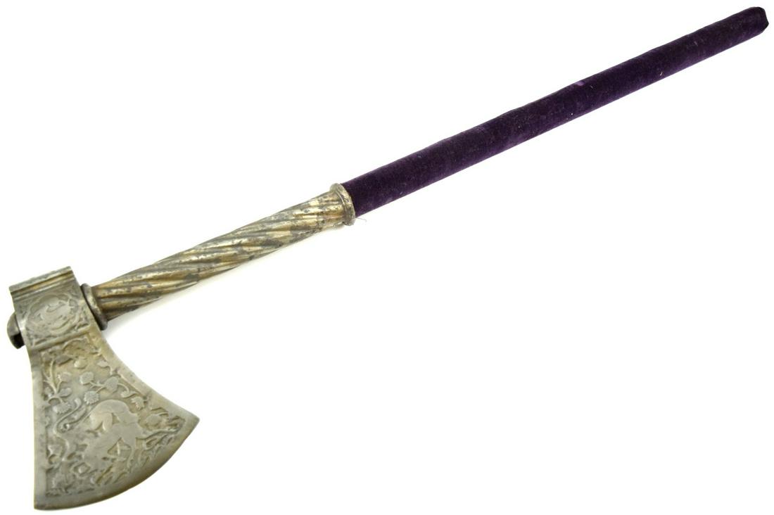 18-19TH C. MUGHAL INDIAN WARRIOR'S BATTLE AXE ~ FIGHTING AX ~ CHISELED BLADE: 18th c. Mughal Indian warrior's battle axe. chiseled blade with the hunting scene. Total length: 34 5/8", Blade length : 7 1/2". ~~ DEAR BIDDERS, Please View More Detailed Close-Up Images by visiting 