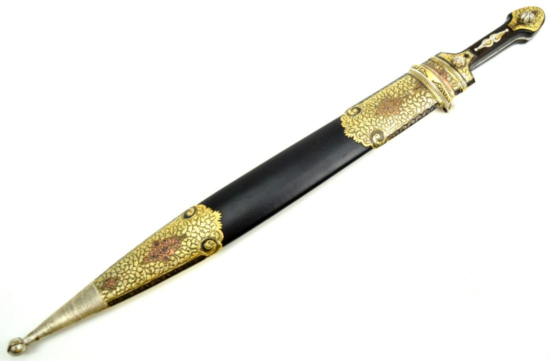 Russian Caucasian Kindjal Dagger in Silver & Gilded Mounts - Nice Marked Blade: Russian Caucasian Kindjal Dagger in Silver & Gilded Mounts - Very nice tripled fuller blade marked near ricasso. Scabbard silver cover with the proof mark. Total length (inside scabbard if present) :