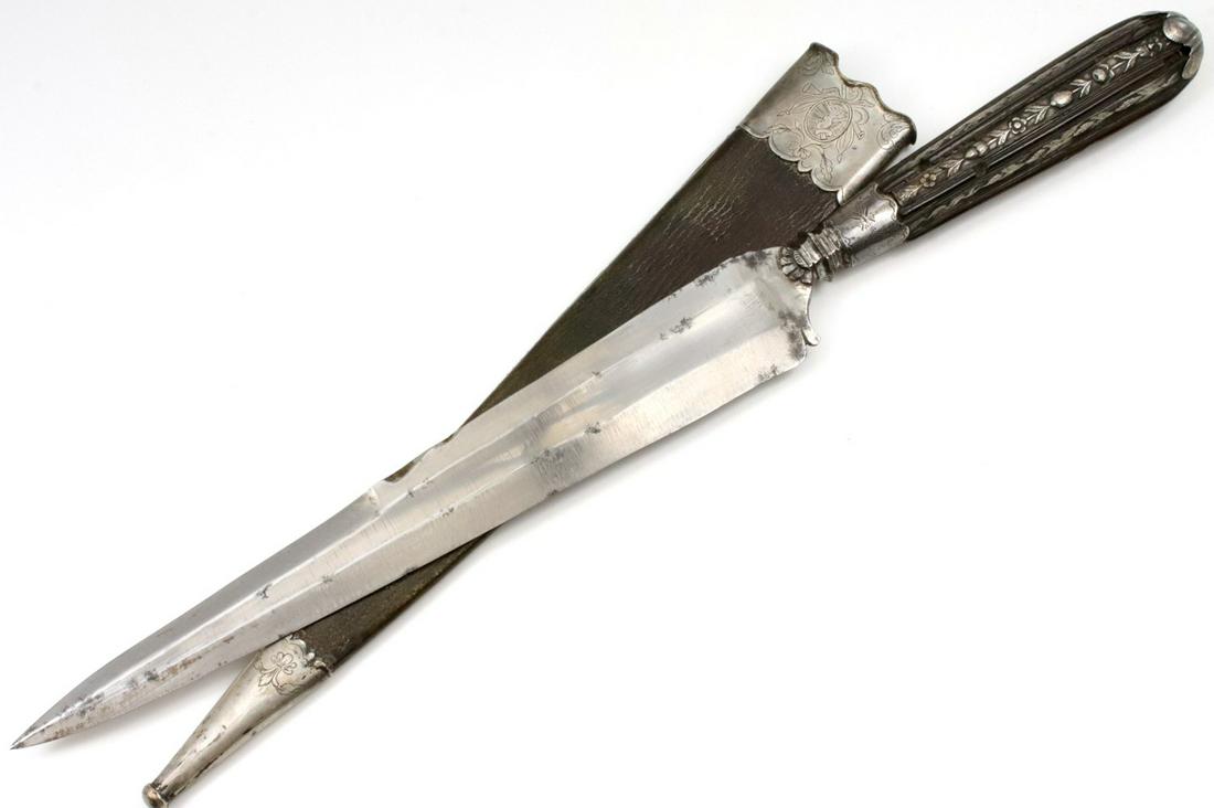 Very Fine 18th C. Large Italian Aristocrat's Knife Dagger with Elaborate Silver Mounts, Carved Horn: Very Fine 18th C. Large Italian Aristocrat's Knife Dagger with Elaborate Silver Mounts, Carved Horn Grip & Chiseled Dragon Blade. Total length (inside scabbard if present) : 16", Blade length : 9". ~~
