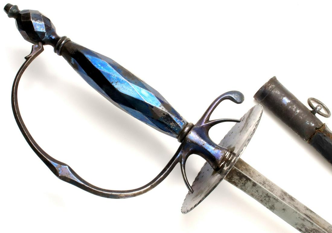 Rare 18th C. American Revolution English Officer's Rapier Sword with Blued Steel Hilt & Mounts,: Rare 18th C. American Revolution English Officer's Rapier Sword with Blued Steel Hilt & Mounts, Original Scabbard Tip Lacking. Total length (inside scabbard if present) : 39 3/4", Blade length : 33 1/