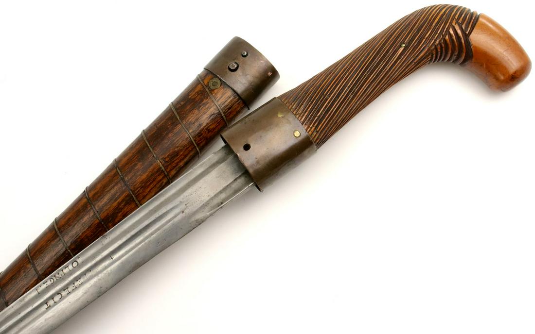 Rare 17th-18th C. Scottish Massive Walking Staff Cane with Full Size German Sword Blade & Carved: Rare 17th-18th C. Scottish Massive Walking Staff Cane with Full Size German Sword Blade & Carved Wood Mounts. Total length (inside scabbard if present) : 43", Blade length : 35 1/2". ~~ DEAR BIDDERS,