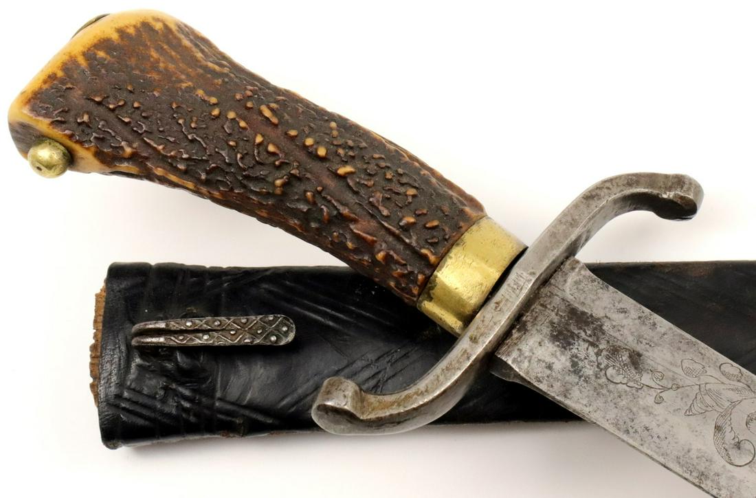 Rare 18th C. Hungarian Aristocrat's Hunting Sword Dagger with Elaborate Engraved Blade Decorations &: Rare 18th C. Hungarian Aristocrat's Hunting Sword Dagger with Elaborate Engraved Blade Decorations & Original Scabbard. Total length (inside scabbard if present) : 19 1/4", Blade length : 14 1/8". ~~