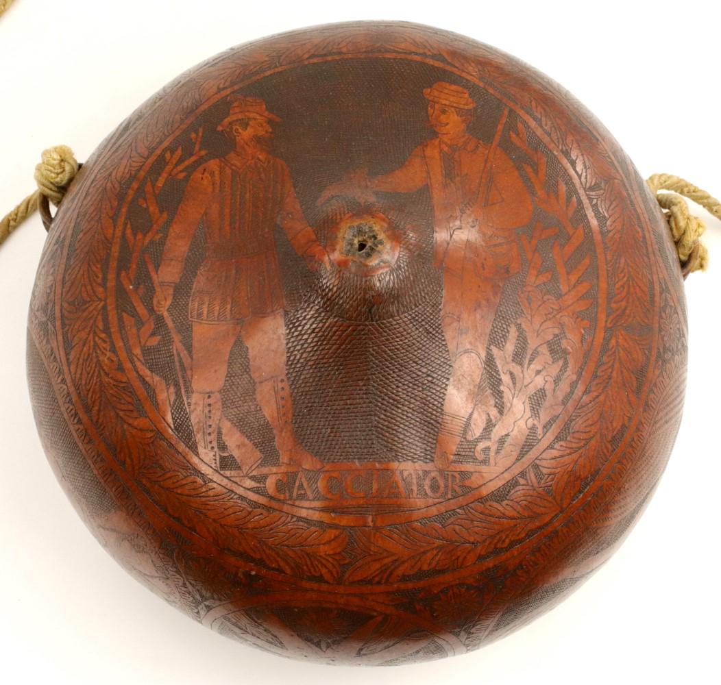 Very Nice 17th-19th C. Large Italian Hunting Water Canteen Flask with Fabulous Scrimshaw Decorations: Very Nice 17th-19th C. Large Italian Hunting Water Canteen Flask with Fabulous Scrimshaw Decorations including 2 Hunters, 2 Royal Women & Medieval Knight in Armor, Inscribed CACCIATOR & IMPERATORE COS