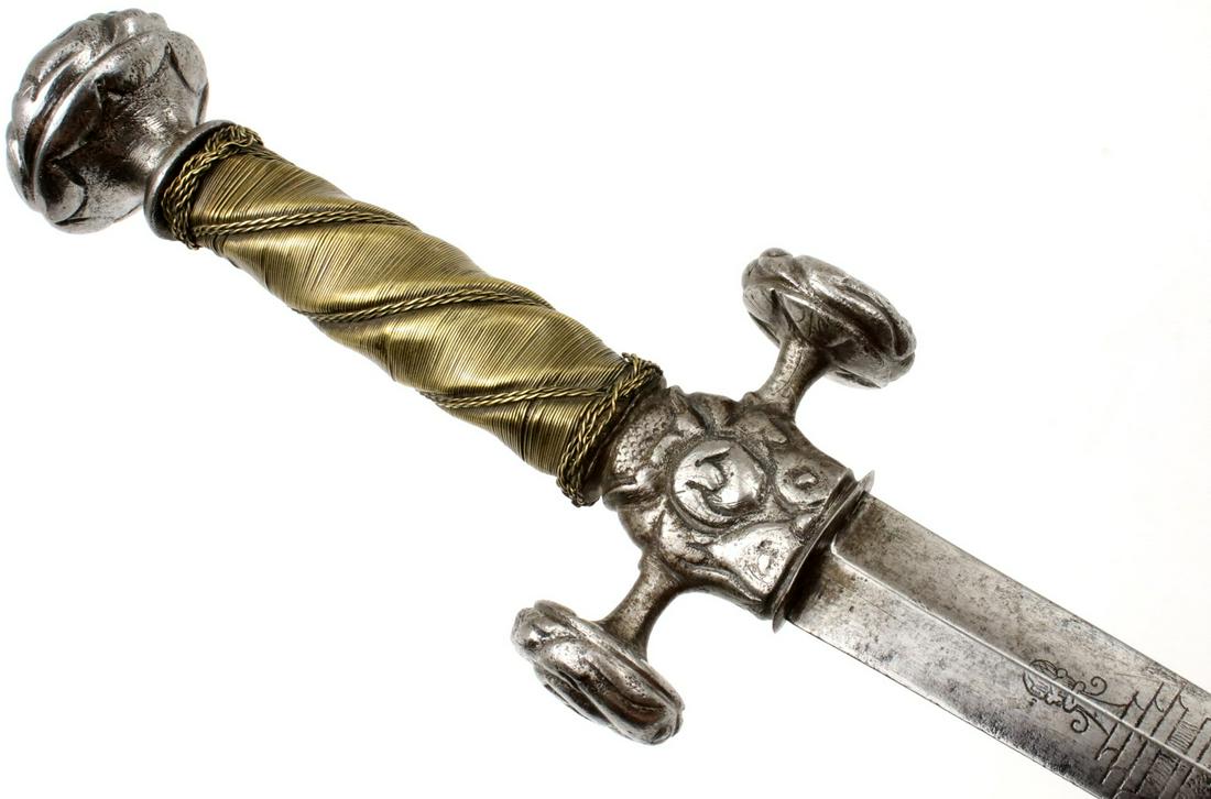 Rare 17th C. Nobleman's PILLOW Sword, Lovely Chiseled Steel Mounts, Intricate Gilt Brass Wire Grip &: Rare 17th C. Nobleman's PILLOW Sword, Lovely Chiseled Steel Mounts, Intricate Gilt Brass Wire Grip & Exquisite Blade Decorations. Probably French German or Hungarian. Total length (inside scabbard if