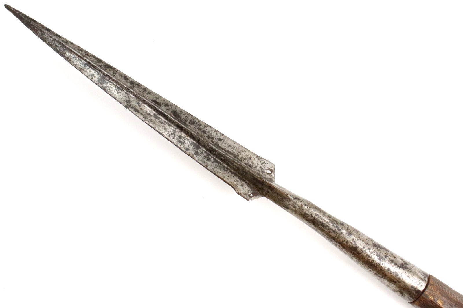 Scarce 16th-17th C. Polearm Spear, Probably Spanish, Strong Triangular Section Blade with Possible: Scarce 16th-17th C. Polearm Spear, Probably Spanish, Strong Triangular Section Blade with Possible Markings. Very Old Full Length Haft. Total length : 90", Head : 2" Wide & " 20 3/4 Long .~~ DEAR BIDD