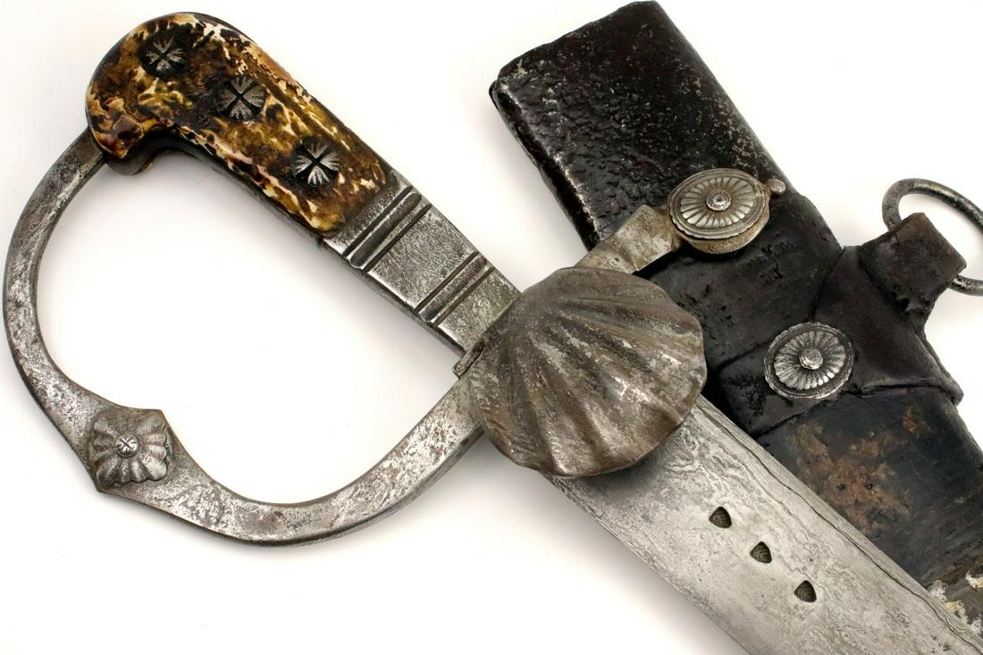 Amazing GIGANTIC 16th-17th C. Polish Nobleman's Hunting Sword with Massive Broad Damascus Steel: Amazing GIGANTIC 16th-17th C. Polish Nobleman's Hunting Sword with Massive Broad Damascus Steel Blade, Well Marked, Chiseled Steel or Iron Mounts & Fine Elk Stag Gripped Hilt. Must Have Been Owned by 