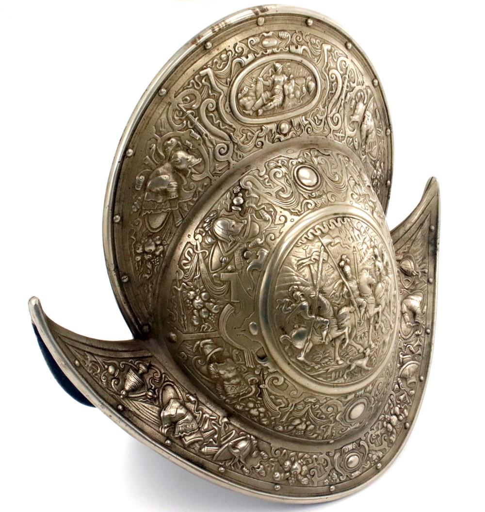 Beautiful Victorian Spanish or Italian Silvered Iron MORION Helmet of 16th-17th C. Style. Beautiful: Beautiful Victorian Spanish or Italian Silvered Iron MORION Helmet of 16th-17th C. Style. Beautiful Gothic Figural Details of Weapons & Battle Scenes. A Highly Attractive Piece, Would Have Been a Part