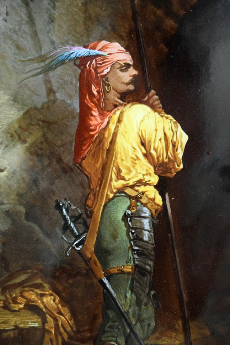 Gorgeous Antique 19th C. Porcelain Plaque Painting of a 16th-17th C. Spanish Moorish Prison Guard: Gorgeous Antique 19th C. Porcelain Plaque Painting of a 16th-17th C. Spanish Moorish Prison Guard Warrior Armed with Halberd & Rapier Sword. Artist Signed ''J. Bailly'' and Set in its Beautiful Massiv