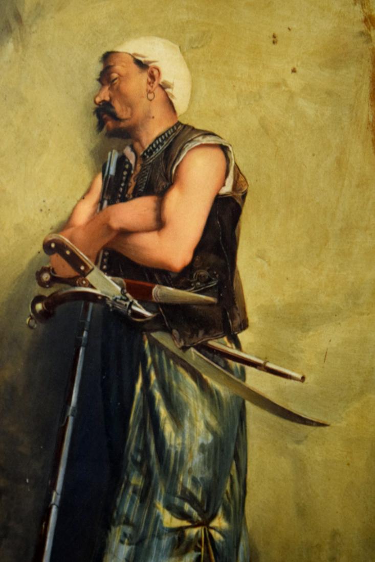 Wonderful Antique 19th C. Porcelain Plaque Painting of a Sleeping Turkish or Balkan Albanian: Wonderful Antique 19th C. Porcelain Plaque Painting of a Sleeping Turkish or Balkan Albanian Soldier, Armed with Rifle, Pistol, Shashka Sword & Kinjal Dagger. Signed by the Listed Austrian Artist ''Jo
