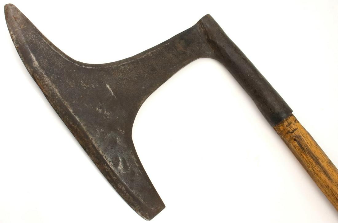 Massive 16th-17th C. German French or Hungarian Executioner Beheading Axe with a Powerful Well: Massive 16th-17th C. German French or Hungarian Executioner Beheading Axe with a Powerful Well Forged Head of Distinctive Form, Flat to one side and Ridged to Another. Very Old Massive Wooden Haft, Po