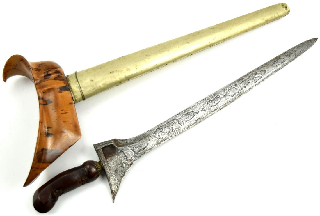 An Indonesian Javanese Kris Dagger: Javanese Kris Dagger with scabbard. Total length (inside scabbard if present) : 18 1/4", Blade length : 14". ~~ DEAR BIDDERS, Please View More Detailed Close-Up Images by visiting our website - Sofede