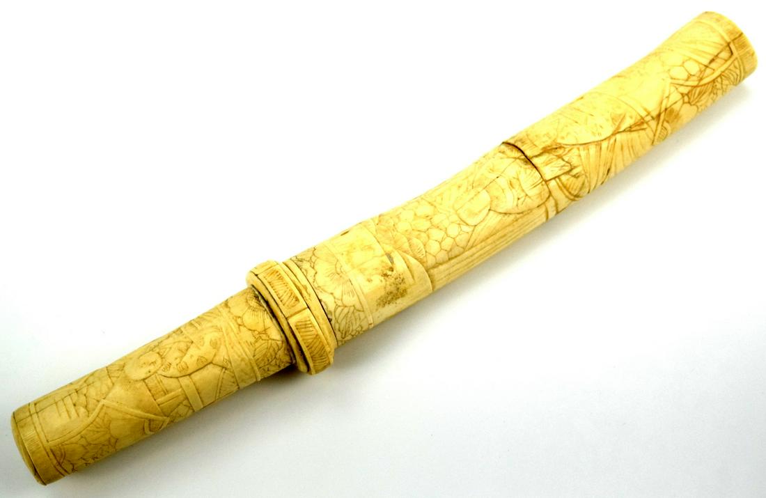 Antique Japanese TANTO Dagger in Carved Bone Mounts.: Antique Japanese TANTO Dagger in Carved Bone Mounts. Total length (inside scabbard if present) : 14 1/4", Blade length : 7 1/8". ~~ DEAR BIDDERS, Please View More Detailed Close-Up Images by visiting