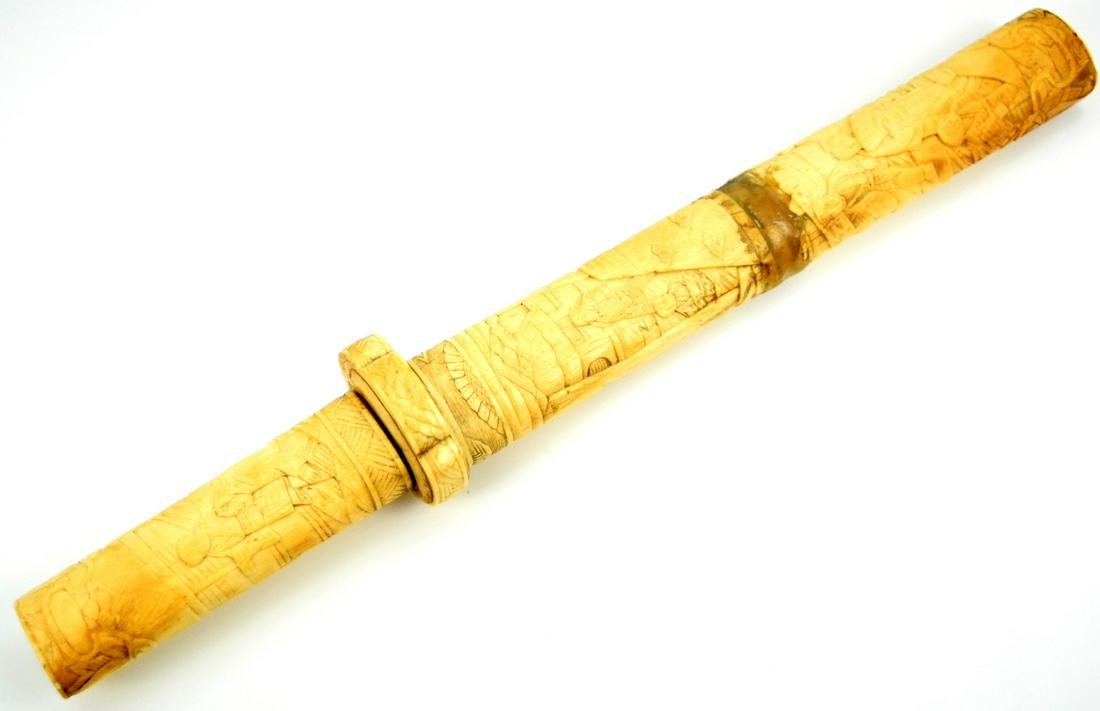 Antique Japanese Tanto Dagger in Carved Bone Mounts.: Antique Japanese Tanto Dagger in Carved Bone Mounts. Total length (inside scabbard if present) : 15 1/2", Blade length : 7 3/8". ~~ DEAR BIDDERS, Please View More Detailed Close-Up Images by visiting
