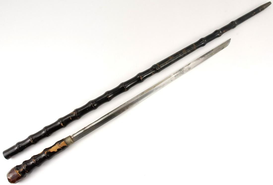 Good 18th-19th C. Japanese Gentleman's Sword Cane. Very Early Fullered Blade with Areas of Nice: Good 18th-19th C. Japanese Gentleman's Sword Cane. Very Early Fullered Blade with Areas of Nice Active Hamon. Total length (inside scabbard if present) : 36", Blade length : 17 7/8". ~~ DEAR BIDDERS,