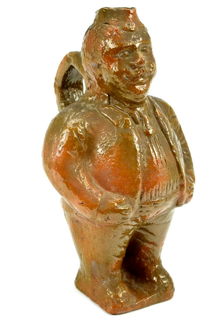 Antique Unique Mexican Folk Art Pulgue Pottery Jug: Rare and unique antique Mexican folk art Pulque pottery jug depicting one of Mexican historical character. Fine glazed finish. 14 3/8" height and 7 3/4" diameter.~~ DEAR BIDDERS, Please View More Deta
