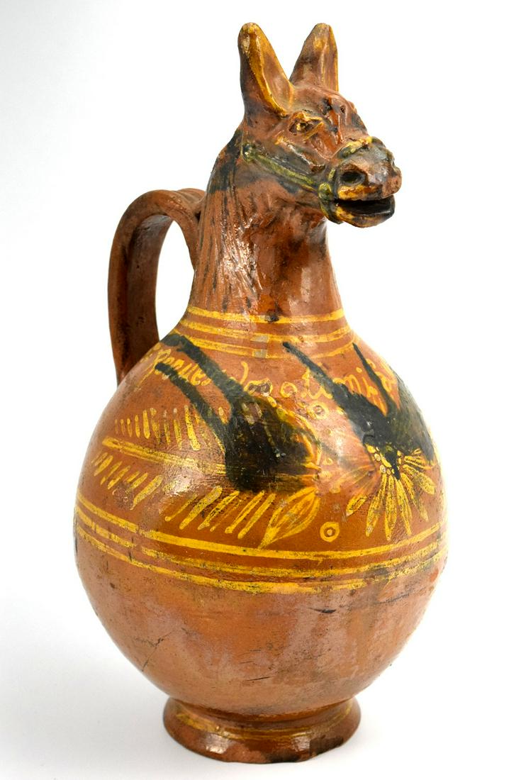 Antique Unique Mexican Folk Art Pulgue Pottery Horse Jug: Antique unique Mexican folk art Pulgue pottery jug with horse head decoration. There is a writing in Spanish. 13 1/2" height and 7" diameter.~~ DEAR BIDDERS, Please View More Detailed Close-Up Images 