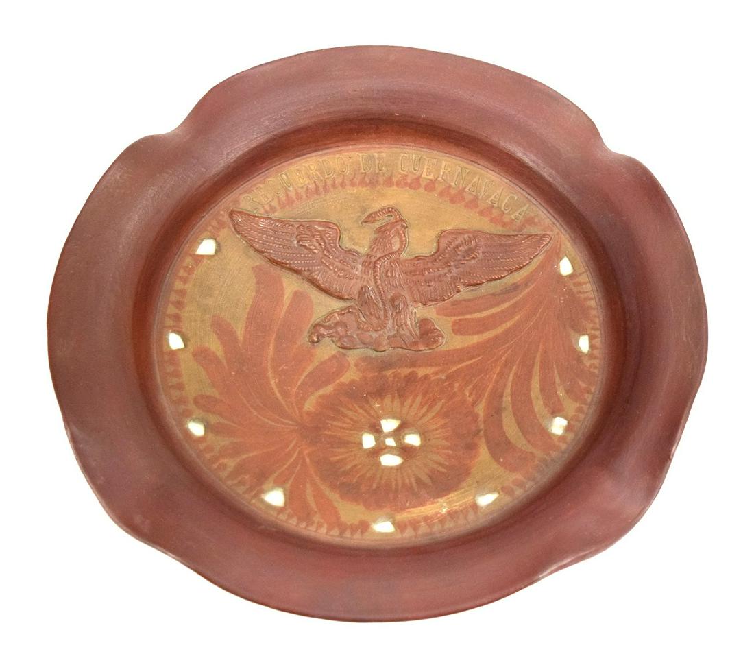 Antique Unique Mexican Folk Art Pulgue Pottery Footed Plate: Antique unique Mexican folk art Pulgue pottery "Memory of Cuernavaca" footed plate decorated with Mexican National Eagle.4" height and 11 3/8" diameter.~~ DEAR BIDDERS, Please View More Detailed Close