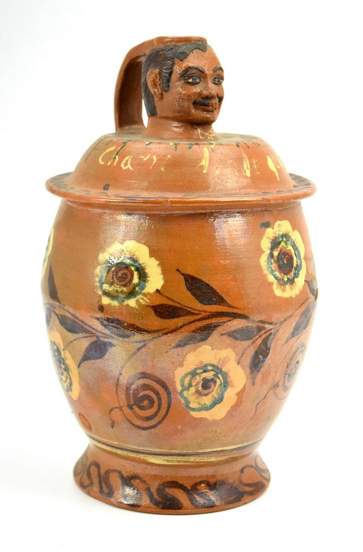 Antique Unique Mexican Folk Art Pulgue Pottery Caballero Jug: Antique unique Mexican folk art Pulgue pottery jug decorated with caballero man head.14 1/8" height and 7 1/2" diameter.~~ DEAR BIDDERS, Please View More Detailed Close-Up Images by visiting our websi