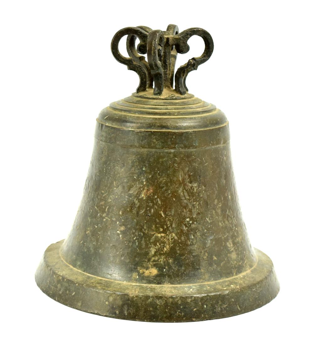 Antique Circae 1800s Spanish Colonial Cast Bronze Church Bell: Antique c.1800s Spanish Colonial cast bronze church bell. Large and heavy with very fine antique patina. 10" height and 9 1/4" diameter.~~ DEAR BIDDERS, Please View More Detailed Close-Up Images by vi