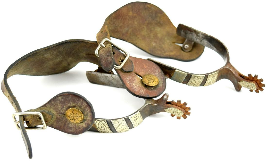 Antique Western Mexican Silver Plates Inlay Spurs: Pair antique Mexican iron silver inlaid plates Western cowboy spurs with leather straps. Great example of Western history, great addition for any Western collection.~~ DEAR BIDDERS, Please View More D
