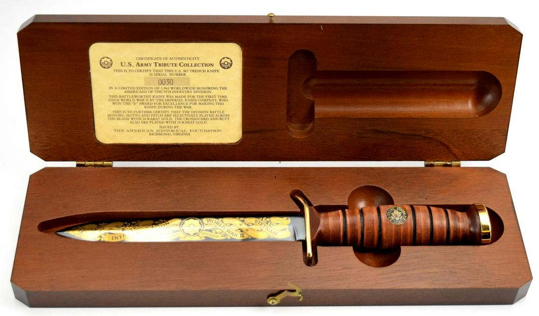 Imperial M3 Trench Knife -US Army Tribute Collection -9TH INFANTRY DIVISION Commemorative: Imperial M3 Trench Knife -US Army Tribute Collection -9TH INFANTRY DIVISION Commemorative. Vintage. In wood display box. 24kt gold blade etching. Total length (inside scabbard if present) : 11 1/2" ,