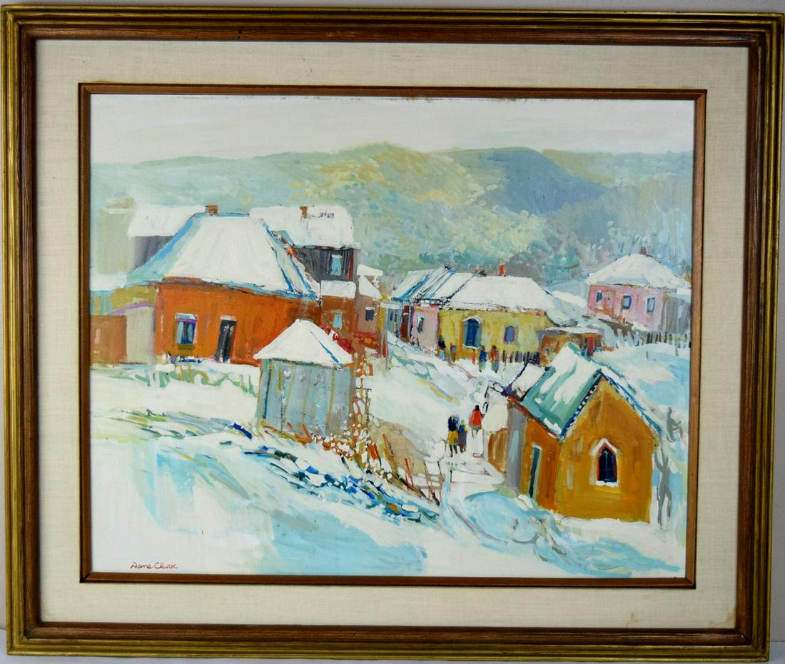 AMERICAN DANE CLARK ( B.1934) WINTER MOUNTAINS OIL PAINTING: Very fine oil landscape painting by listed artist Dane Clark ((b.1934). Dane Clark is active/lives in Hawaii. Dane Clark is known for abstract, pointillist landscape painting. Very good original condi