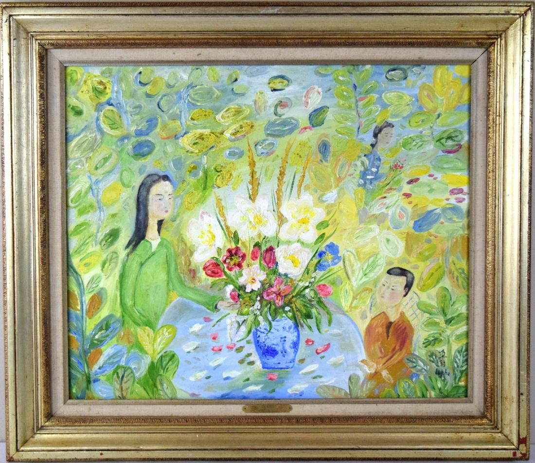 LE PHO (VIETNAMESE-FRENCH 1907-2001) PAINTING WALLY FINDLAY GALLERY: Le Pho (Vietnamese/French, 1907-2001). Oil painting depicting boy and women sitting on the table with another woman on the background surrounded by blooming flowers. Signed along the lower right. Labe