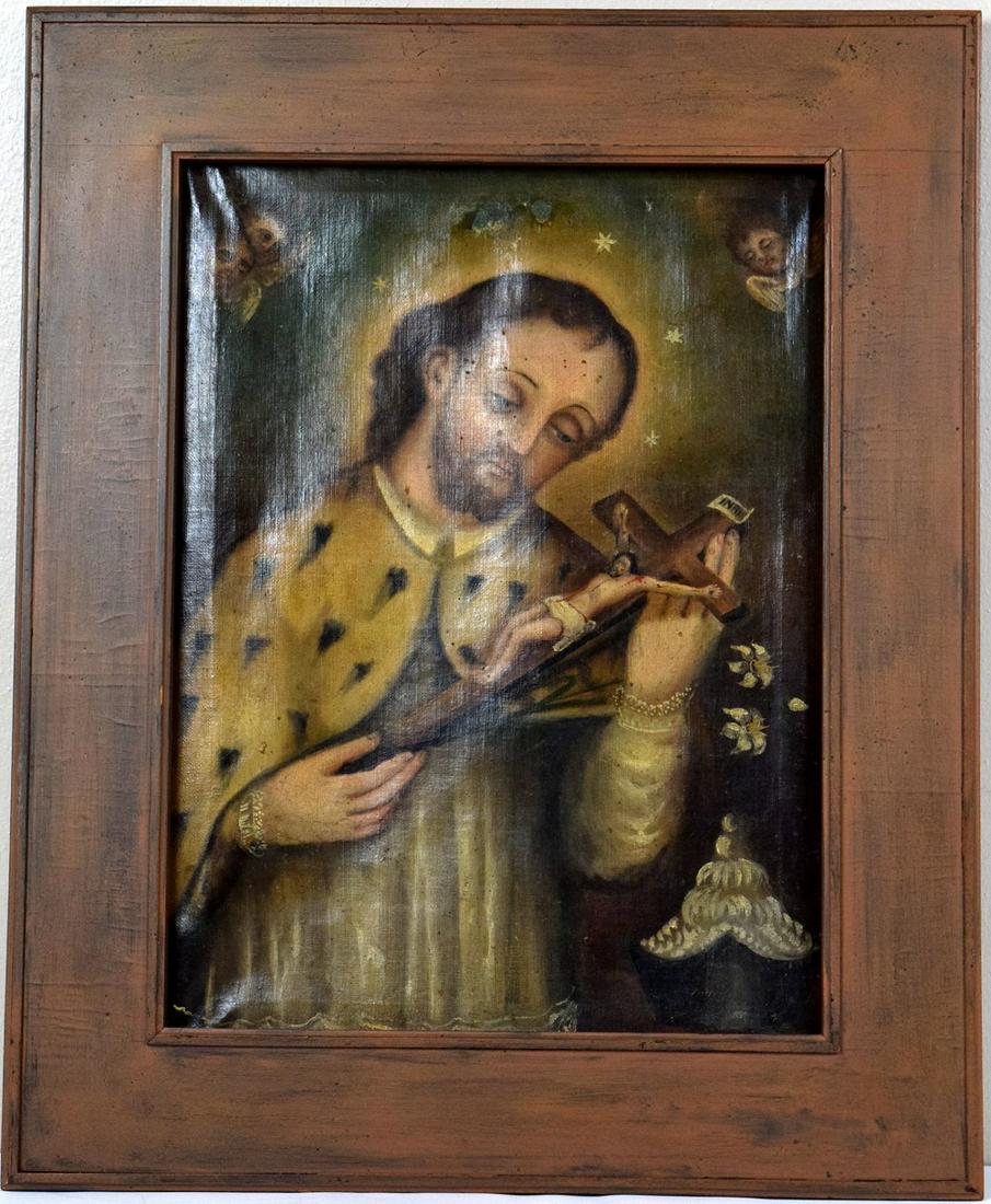 Early Byzantine Religious Oil On Canvas Painting: Antique early fine Byzantine religious oil on canvas painting depicting Saint holding crucifix. Framed. Unsigned. Frame is 27" x 22", image is 19 3/4" x 14 3/4".~~ DEAR BIDDERS, Please View More Detai