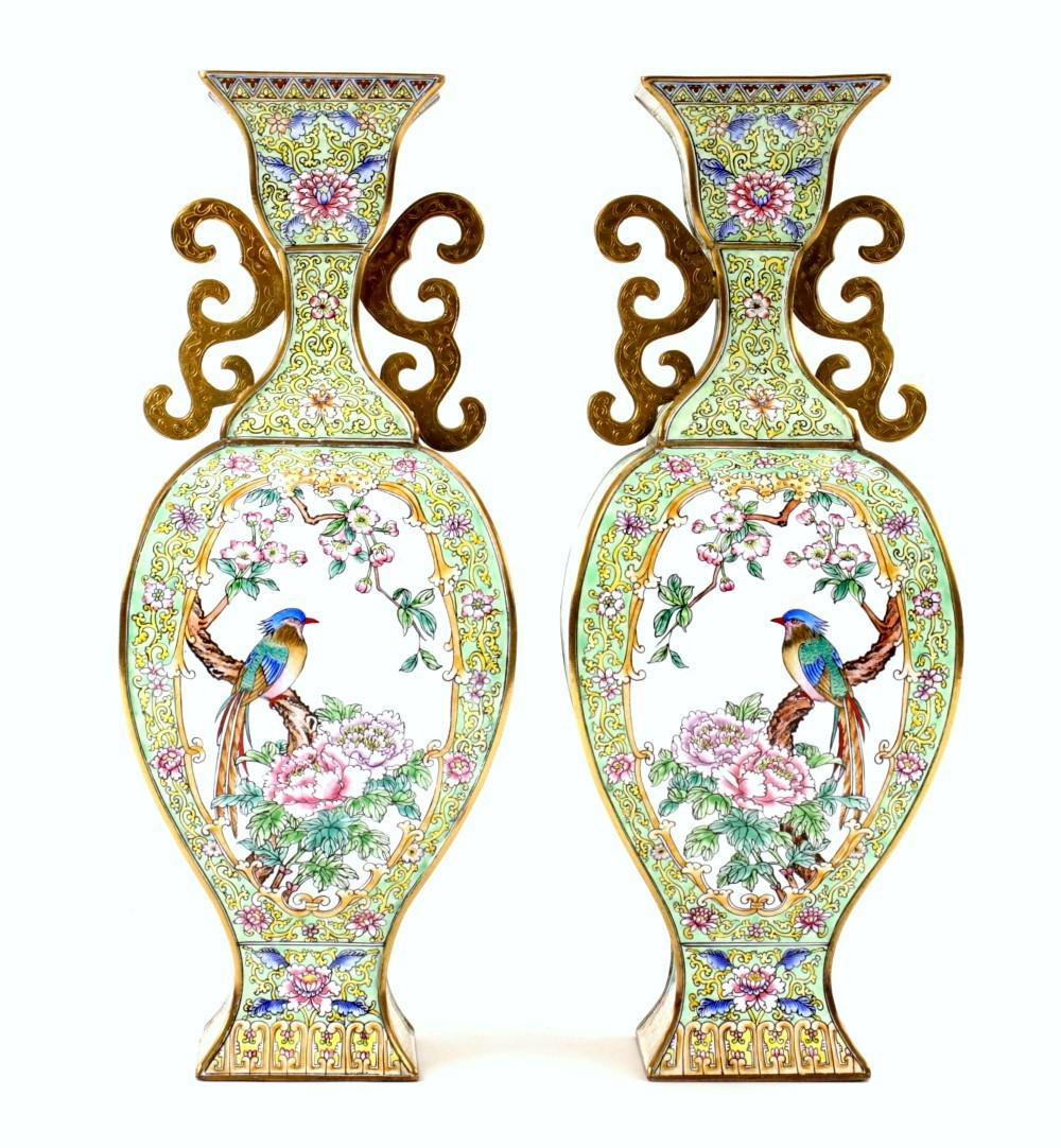 A PAIR OF ANTIQUE CHINESE CANTONESE ENAMEL ON COPPER VASES: Exclusive pair of antique Chinese enamel mirrored design vases. Very fine decorated with birds and flowers. Superb quality detail, all original condition. No damage or restoration.Set of 2, 15" H. eac