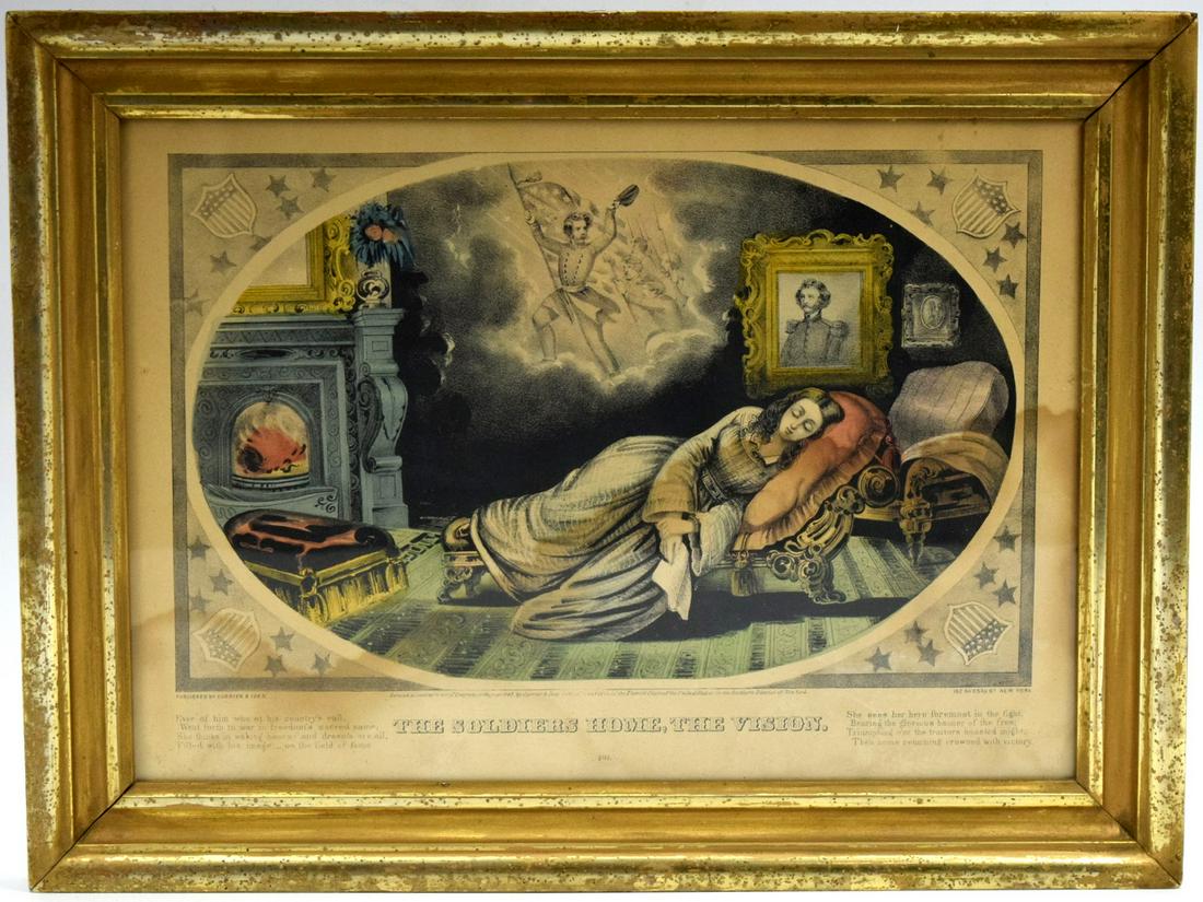 Framed original - The Soldiers Home, The Vision, by Currier and Ives: Framed original "The Soldiers Home, The Vision" by Currier & Ives. Woman sleeping reclined on day bed legs facing left; glowing fireplace left in image. Soldier with raised flag leading others in uppe