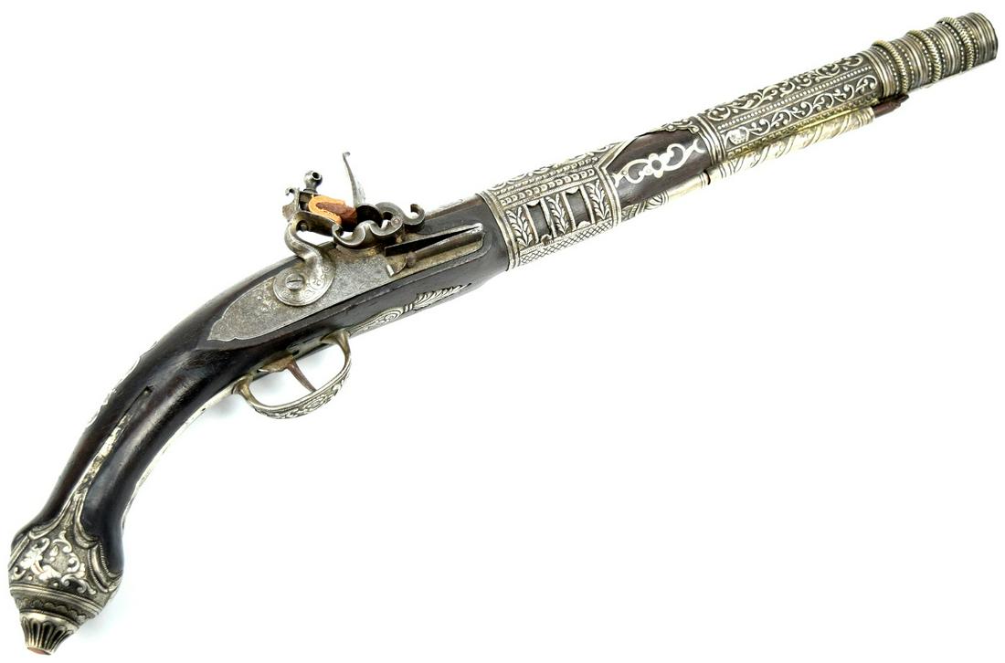 Good 18th - 19th C. Turkish Silver Mounted Flintlock Pistol: Late 18th - Early 19th C. Turkish Silver Mounted Flintlock Pistol. Lock with the maker marks. Decorated with silver inlaying and gem stone. Total length: ". ~~ DEAR BIDDERS, Please View More Detailed 